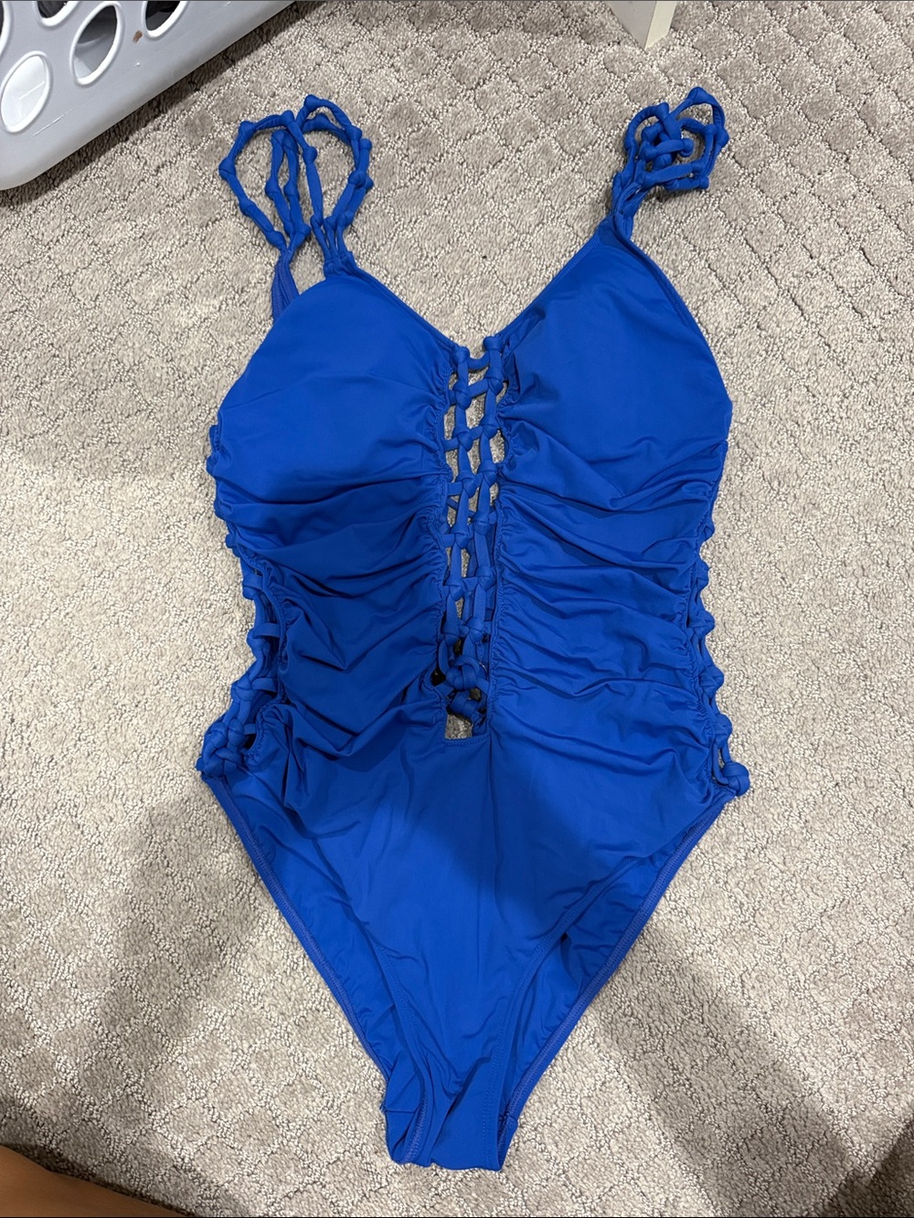 Ruched Royal Blue One-Piece Swimsuit with Lace-Up Front